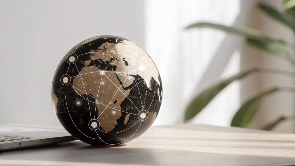 The globe model with the size of a digital network symbolizes the global digital world of SEO analysis