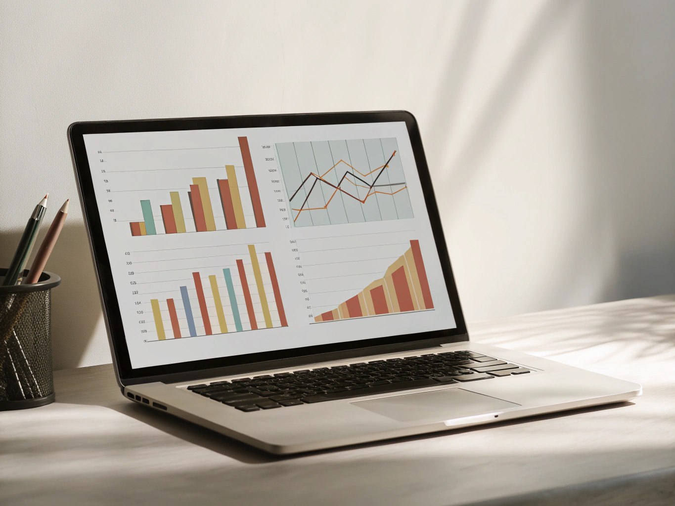 Laptop displaying benchmark reports & case studies with bar and line charts on the screen.