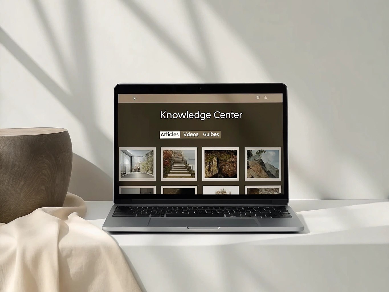 A photo of a laptop with an open knowledge center on the screen against the background of a bright, minimalistic environment