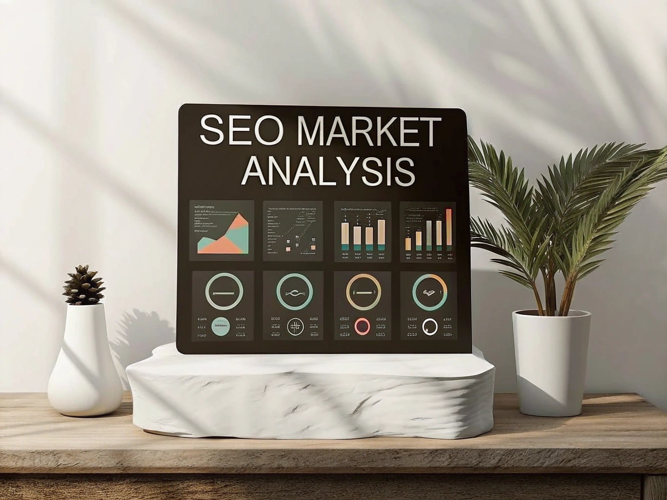 A minimalistic photo of a small booth dedicated to SEO market analysis, with graphs and diagrams displaying key indicators.