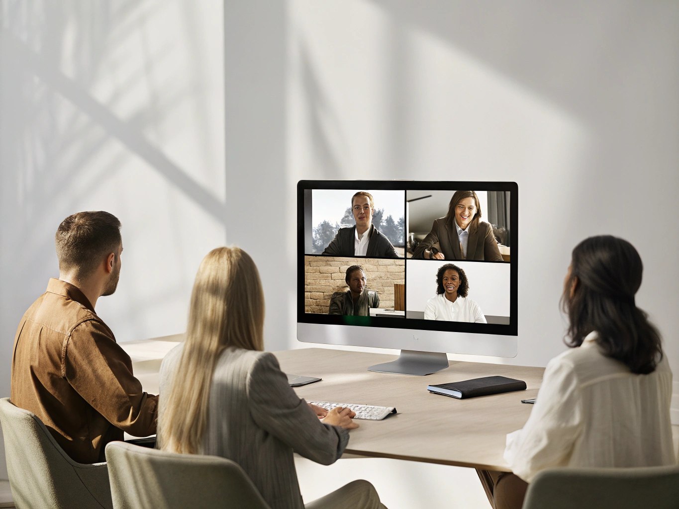 A team of three people are sitting at a table, in front of a laptop, in a brightly lit office, participating in an online training session for managers.